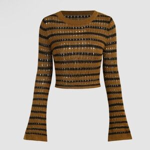 Cider | Striped Hollow Out Bell Long Sleeve Crop Knitted Sweater Brown Black S